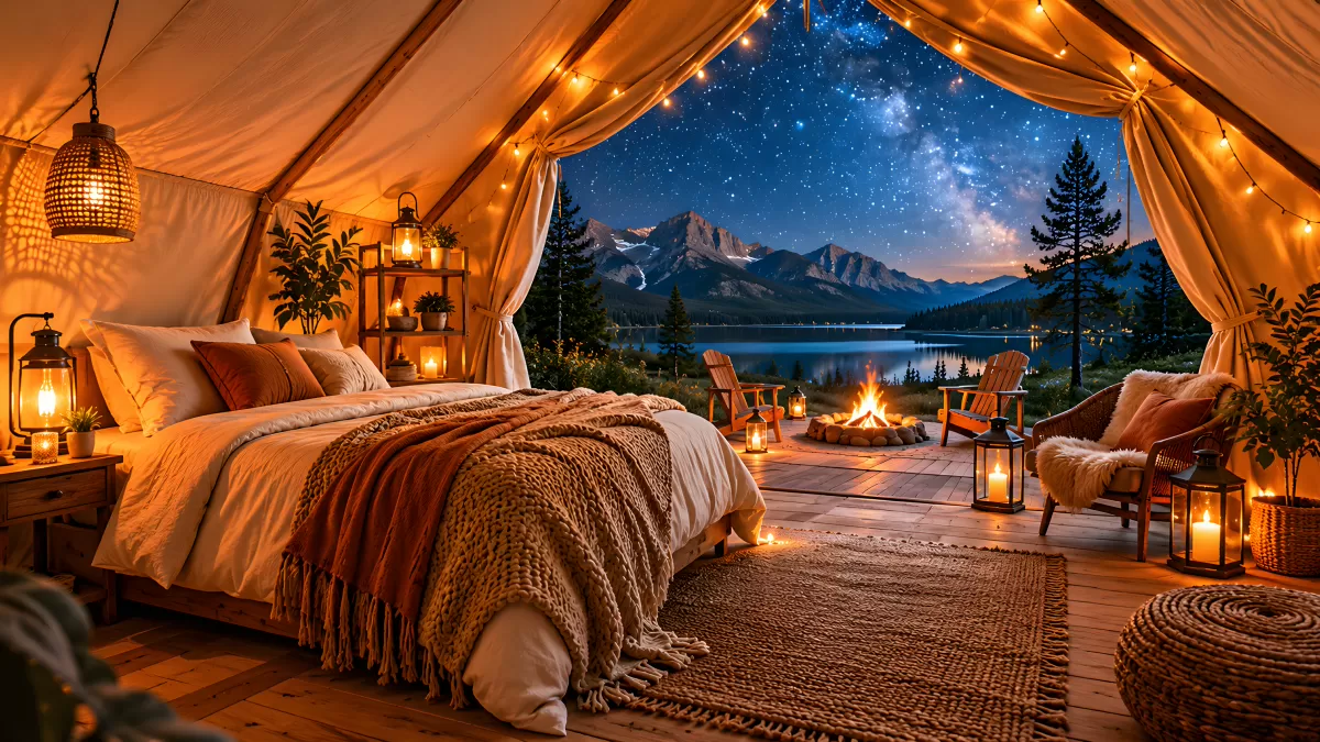 Luxus-Glamping-Zelt mit Sternenhimmel und Bergsee