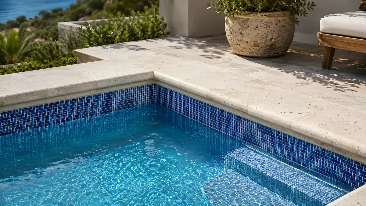 Luxus-Pool mit blauen Mosaikfliesen und Travertin-Umrandung