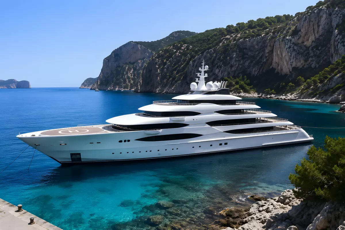 Luxus-Superyacht ankert in türkisblauer Mittelmeerbucht