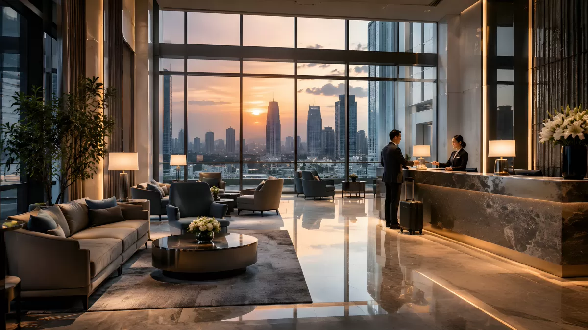 Luxushotel-Lobby mit Stadtpanorama bei Sonnenuntergang