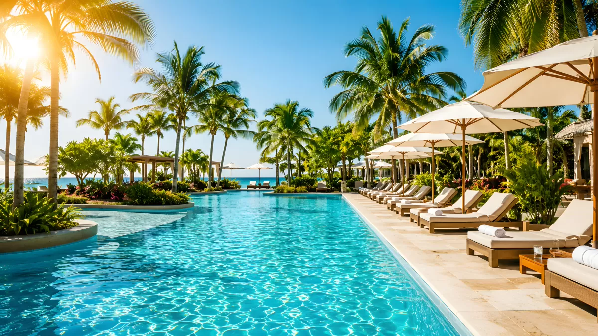 Luxusresort mit Infinity-Pool und Palmen am Meer