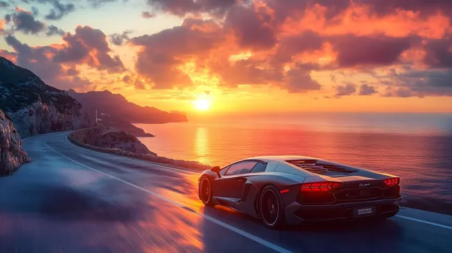 Luxussportwagen auf atemberaubender Küstenstraße bei Sonnenuntergang