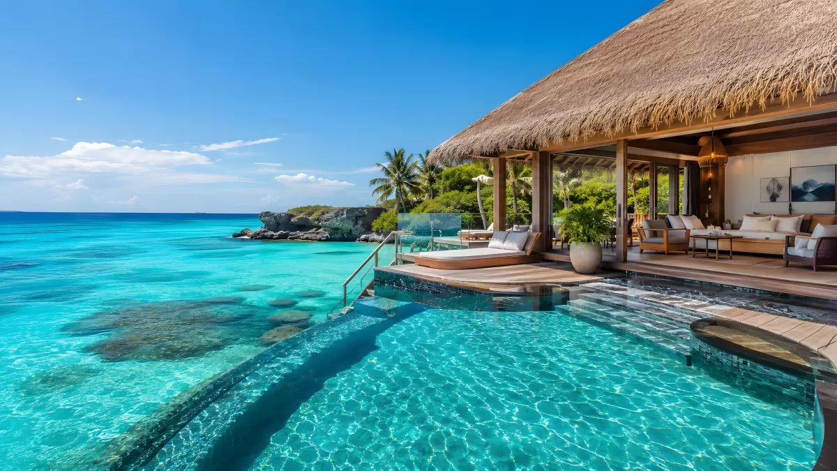 Luxusvilla mit Infinity-Pool am türkisfarbenen Meer