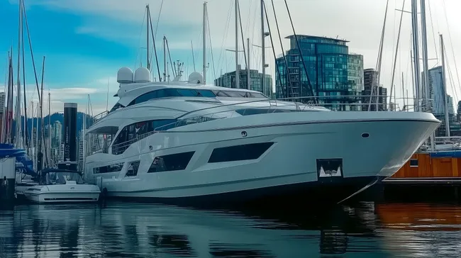 Luxusyacht im modernen Yachthafen mit Hochhäusern