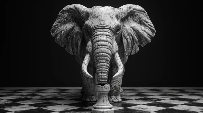Machtvoller Elefant auf Schachbrett in Schwarz-Weiß