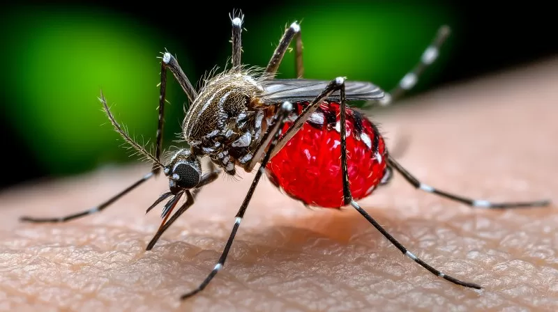 Macro close-up of a mosquito biting human skin and sucking blood