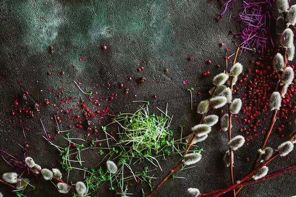 Macro Greens With Red Peppers And Salix Caprea On Dark Background