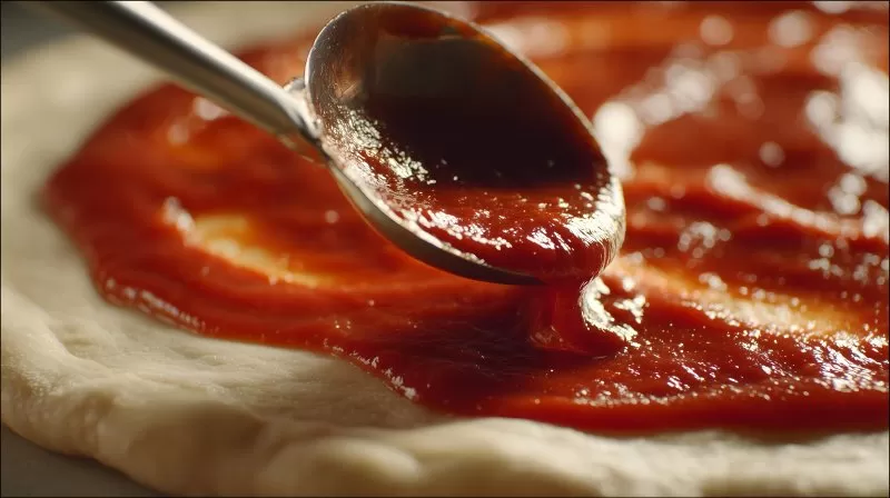 Macro shot of metal ladle with dark sauce