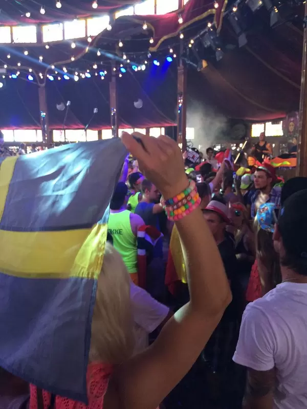Mädchen hält die schwedische Flagge - Musikfestival Tomorrowland 2014