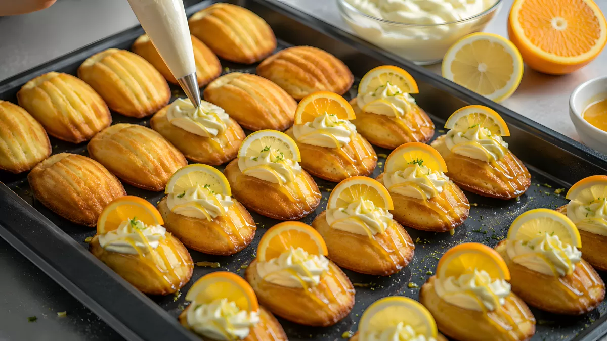 Madeleines mit Zitrusfrüchten und Sahne auf Backblech