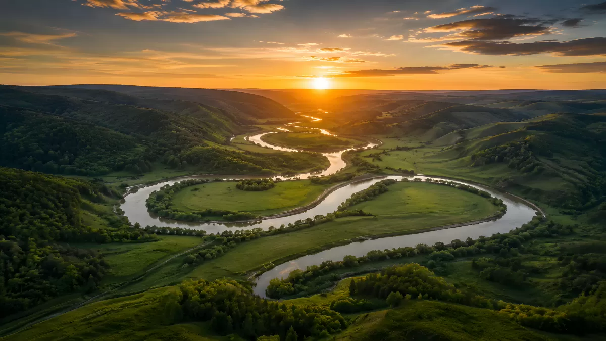 Mäandernder Fluss bei Sonnenuntergang aus der Vogelperspektive