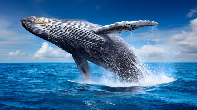 Mächtiger Buckelwal springt aus türkisfarbener Ozeanwelle