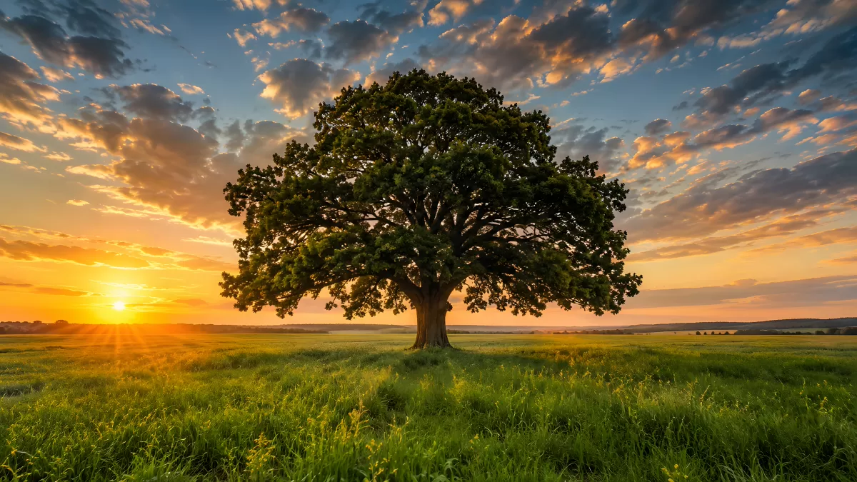 Mächtiger Eichenbaum im Sonnenuntergang auf grüner Wiese