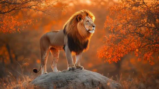 Mächtiger Löwe in herbstlicher Savanne