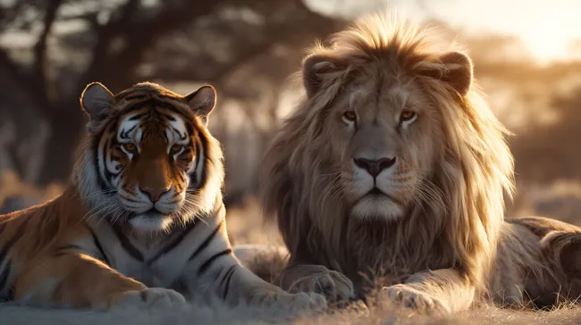 Mächtiger Löwe und faszinierender Tiger im Sonnenuntergang