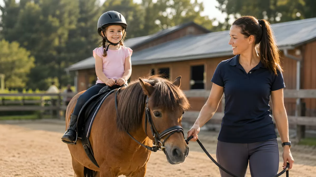 Mädchen beim Reitstunde auf Pony mit Trainerin