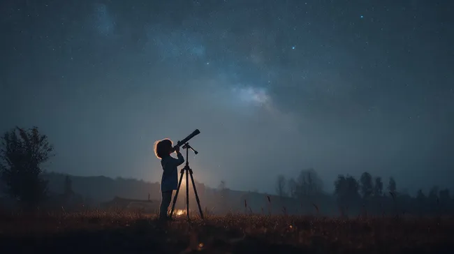 Mädchen beobachtet Sternenhimmel durch Teleskop