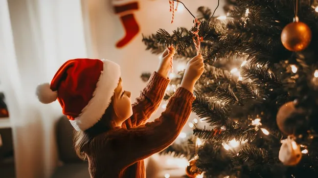 Mädchen dekoriert festlichen Weihnachtsbaum