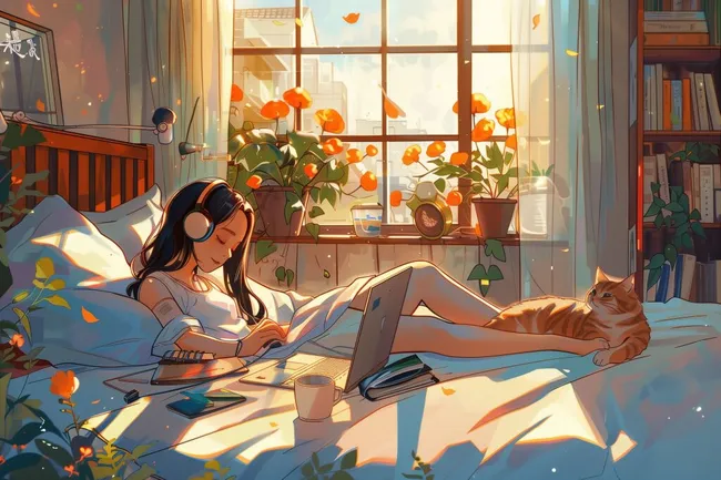 Mädchen entspannt mit Kopfhörern und Katze im Heim