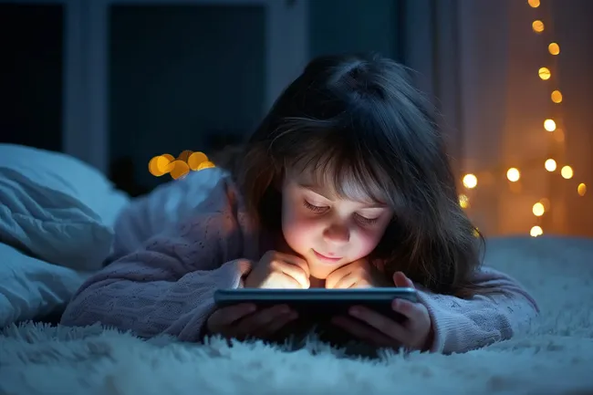 Mädchen entspannt sich am Abend mit Tablet