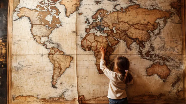 Mädchen erforscht antike Weltkarte an Holzwand