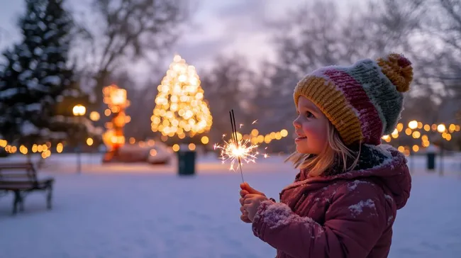 Mädchen genießt Wunderkerze bei verschneiter Weihnachtsatmosphäre