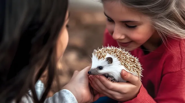 Mädchen hält entzückenden Igel in den Händen