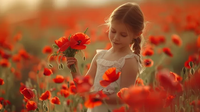 Mädchen inmitten üppiger Mohnblumen mit Blumenstrauß