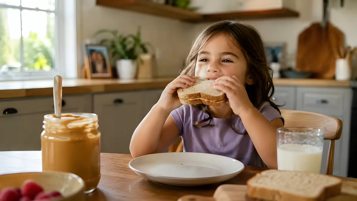 Mädchen isst Erdnussbutter-Sandwich in heller Küche