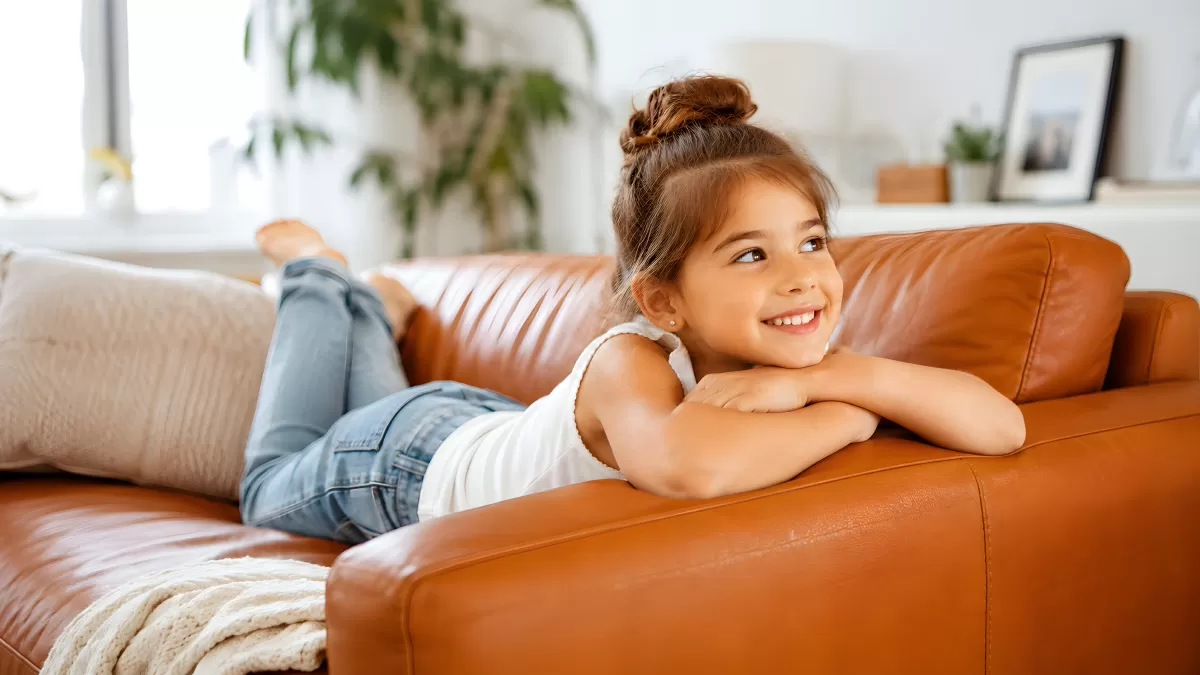 Mädchen liegt lächelnd auf braunem Ledersofa