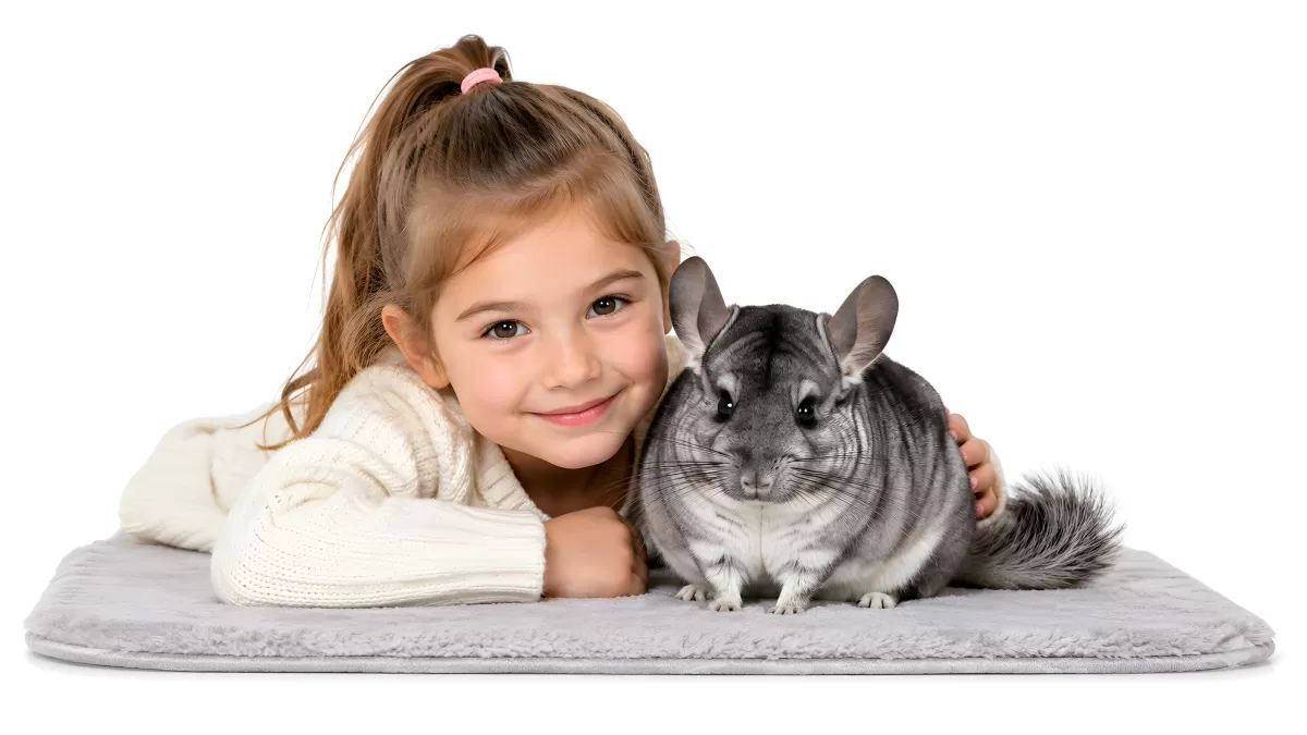 Mädchen liegt lächelnd neben grauem Chinchilla