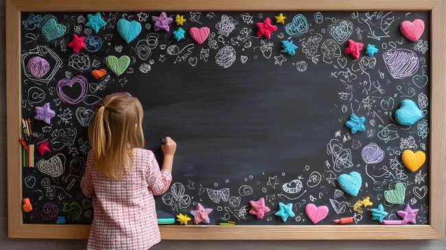 Mädchen malt bunte Kreidezeichnungen an Tafel