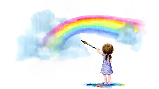 Mädchen malt bunte Regenbogenlandschaft