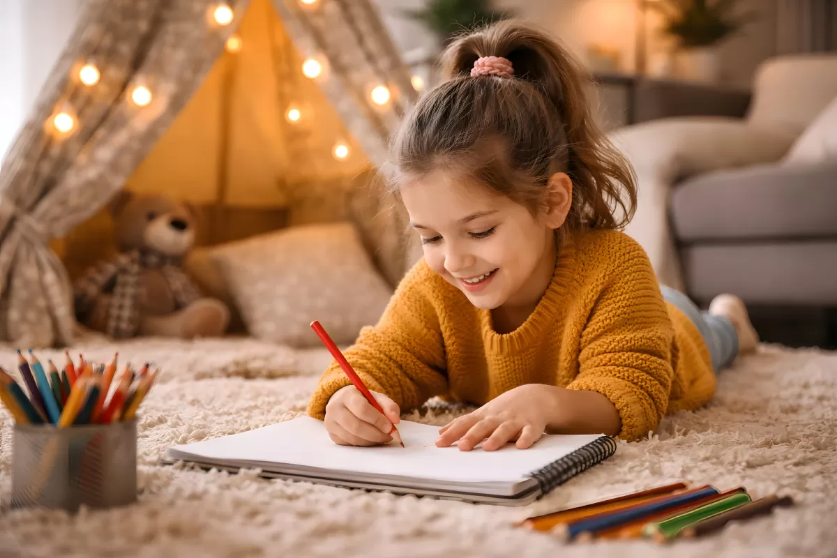 Mädchen malt mit Buntstiften auf dem Teppich