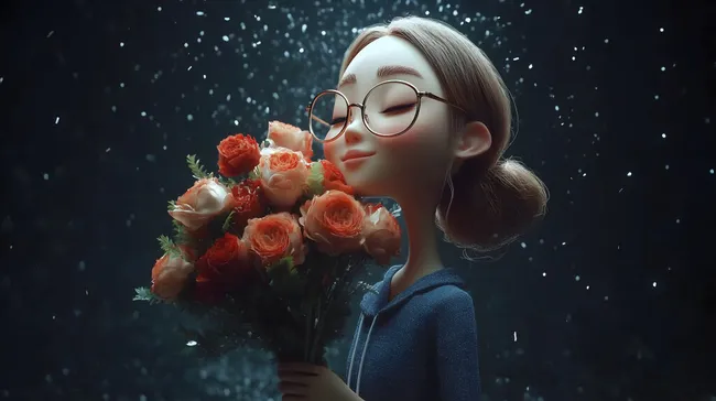 Mädchen mit Blumenstrauß und Brille in Winterlandschaft