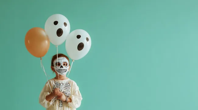 Mädchen mit Geisterballons im Skelett-Kostüm