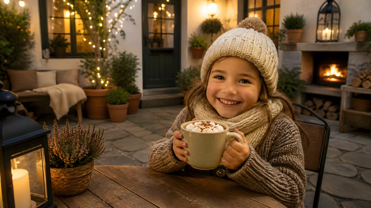 Mädchen mit Kakao und Marshmallows am Winterabend