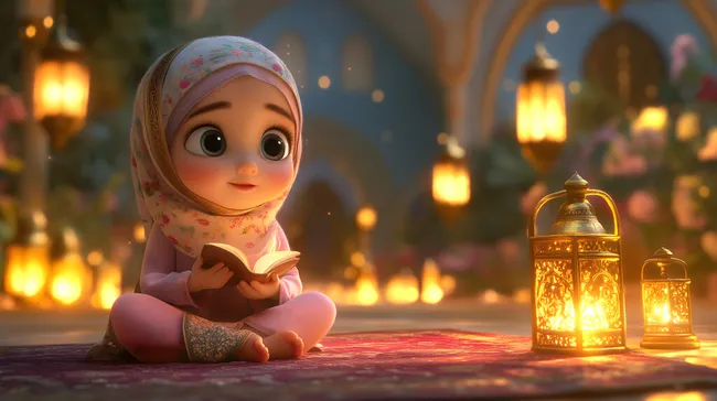 Mädchen mit Kopftuch liest Buch bei Kerzenschein an Ramadan