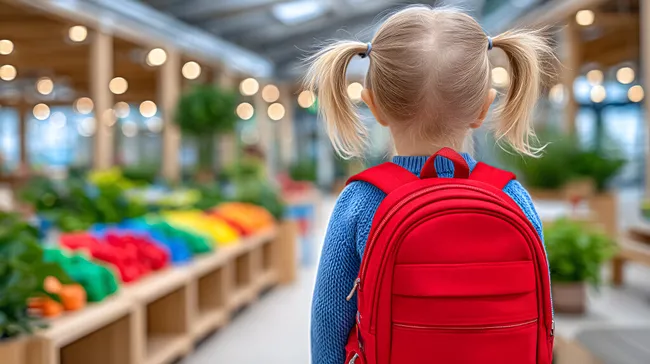 Mädchen mit rotem Rucksack in buntem Marktgewirr