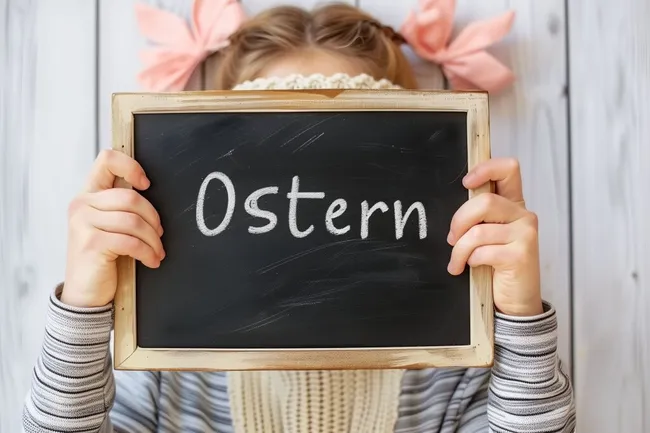 Mädchen mit Schultafel für Ostern