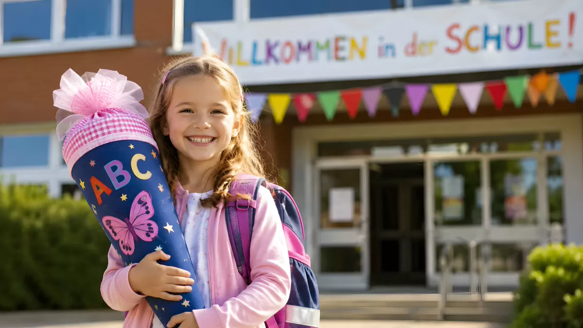 Mädchen mit Schultüte am ersten Schultag in Deutschland