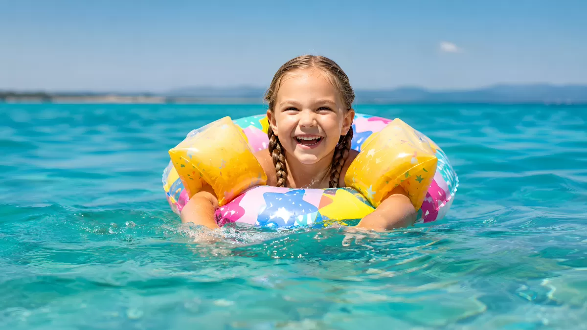 Mädchen mit Schwimmring und Armbändern im Meer
