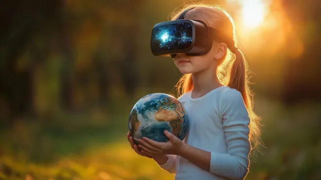 Mädchen mit VR-Brille erkundet virtuelle Welt