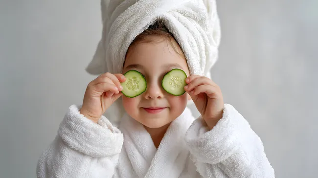 Mädchen mit weißem Bademantel und Gurkenscheiben auf den Augen