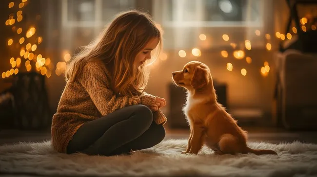 Mädchen mit Welpe in gemütlicher Innenraumbeleuchtung