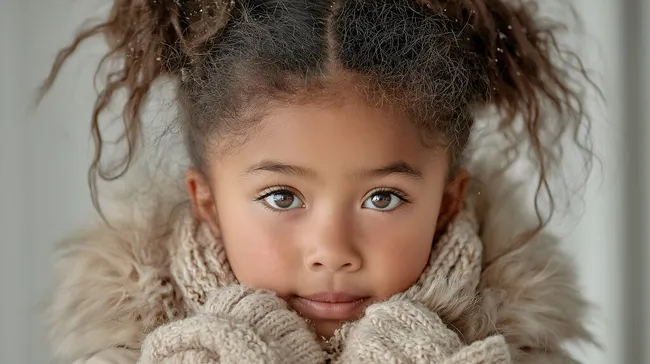 Mädchen mit Winterjacke und Zöpfen blickt in Kamera