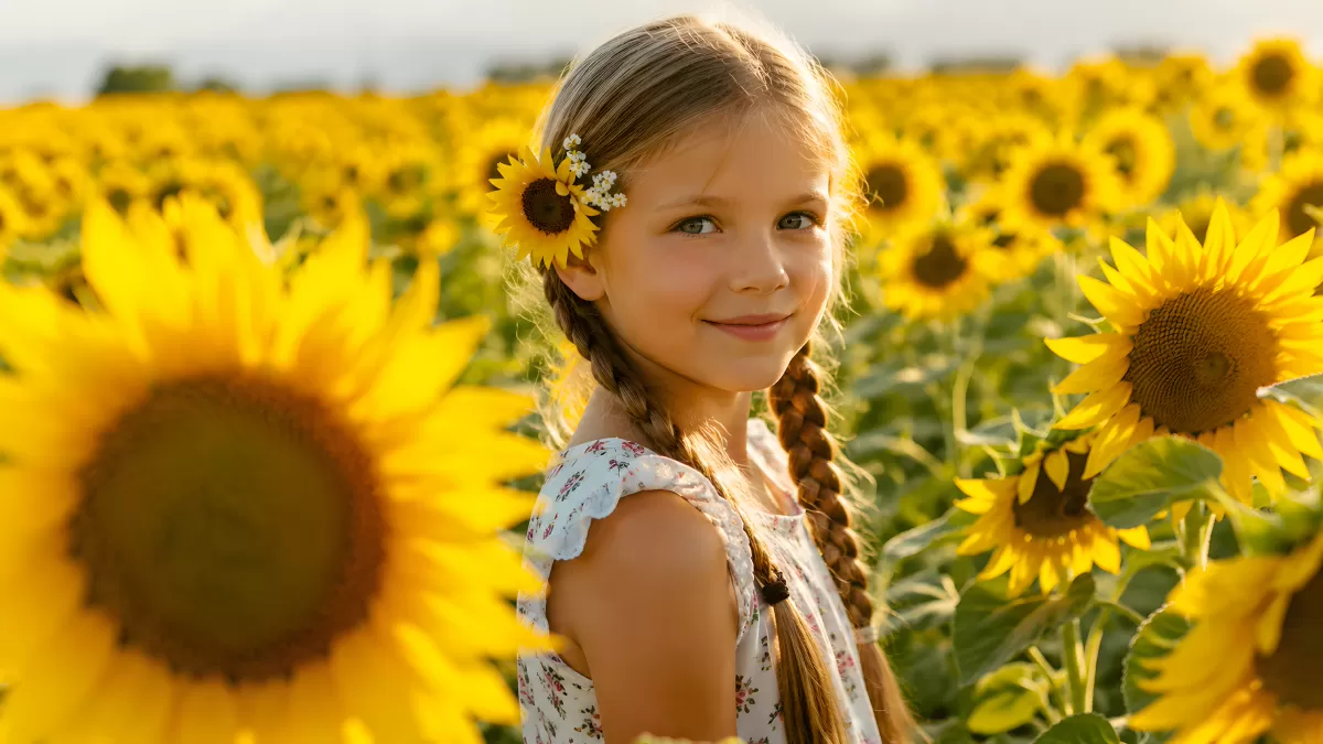 Mädchen mit Zöpfen in einem Sonnenblumenfeld