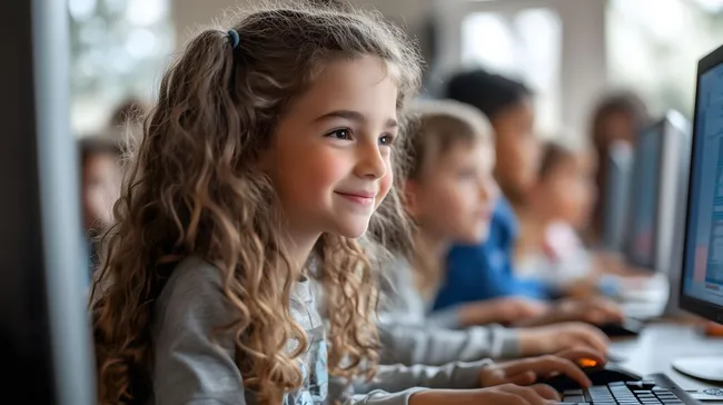 Mädchen nutzen Computer im Klassenzimmer