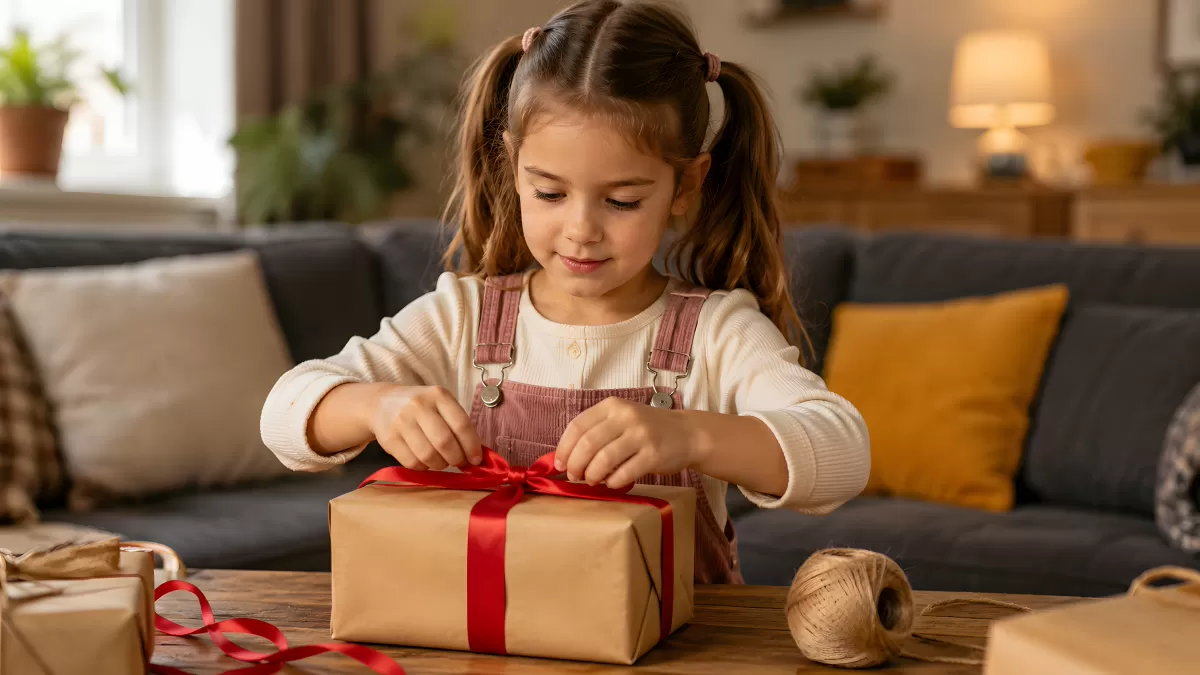 Mädchen öffnet Geschenk mit roter Schleife