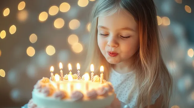 Mädchen pustet Geburtstagskuchen mit brennenden Kerzen aus